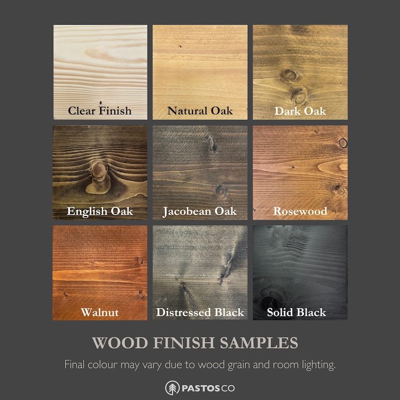 List of available standard finishes and a message underneath to say that the final colour may vary slightly, due to the difference in natural wood grain and room lighting.