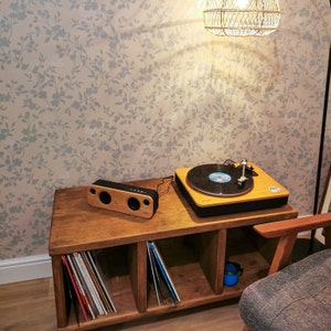 Record Player Stand. Rustic Wooden Vinyl Record Storage Unit. TV Stand with Space for Vinyl Record Display. Reclaimed wood and hairpin legs. image 8