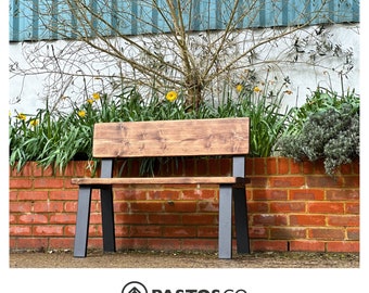 Wooden Garden Bench With Steel Legs and Backrest. Rustic Bench for Garden. Reclaimed Wood. Easy to assemble or take apart to store away.