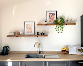 Wooden Shelves. Natural Rustic Wood with Heavy Duty Steel Brackets. Kitchen Shelving. Bathroom Shelving. Office Shelving and Storage.