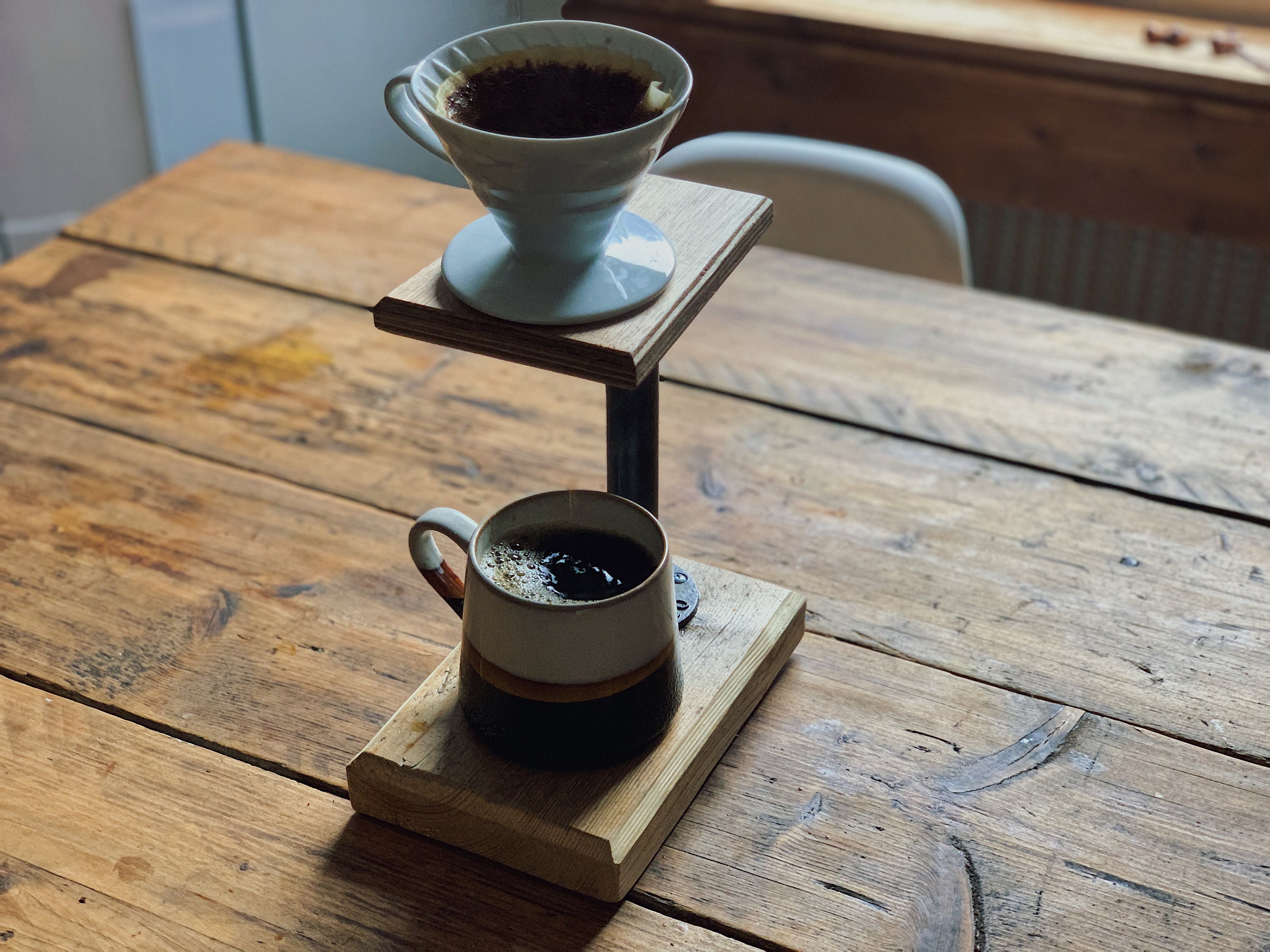 Pour Over Coffee Maker Adjustable Stand with Vintage Wooden Base