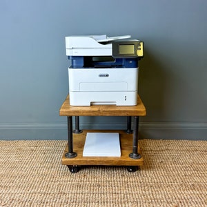 Wooden Printer Stand with Lockable Castor Wheels. Under Desk Storage Shelving Stand with Industrial Style Design and Rustic Feel.