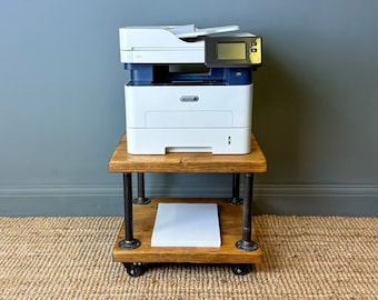 Wooden Printer Stand with Lockable Castor Wheels. Under Desk Storage Shelving Stand with Industrial Style Design and Rustic Feel.