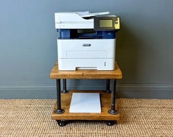 Wooden Printer Stand with Lockable Castor Wheels. Under Desk Storage Shelving Stand with Industrial Style Design and Rustic Feel.