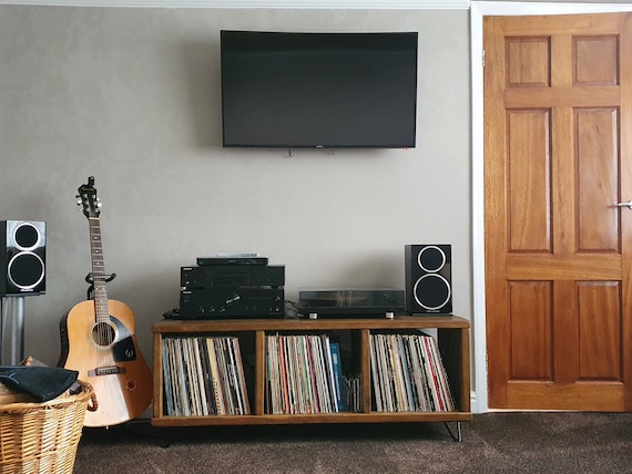 Record Player Stand. Rustic Wooden Vinyl Record Storage Unit. TV Stand with Space for Vinyl Record Display. Reclaimed wood and hairpin legs.