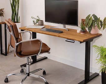 Industriestil Höhenverstellbarer Schreibtisch | .Sitz-Steh-Schreibtisch mit Elektrostahlsockel | 4 Voreinstellungen | Rustikales Altholz | Zuhause oder im Büro