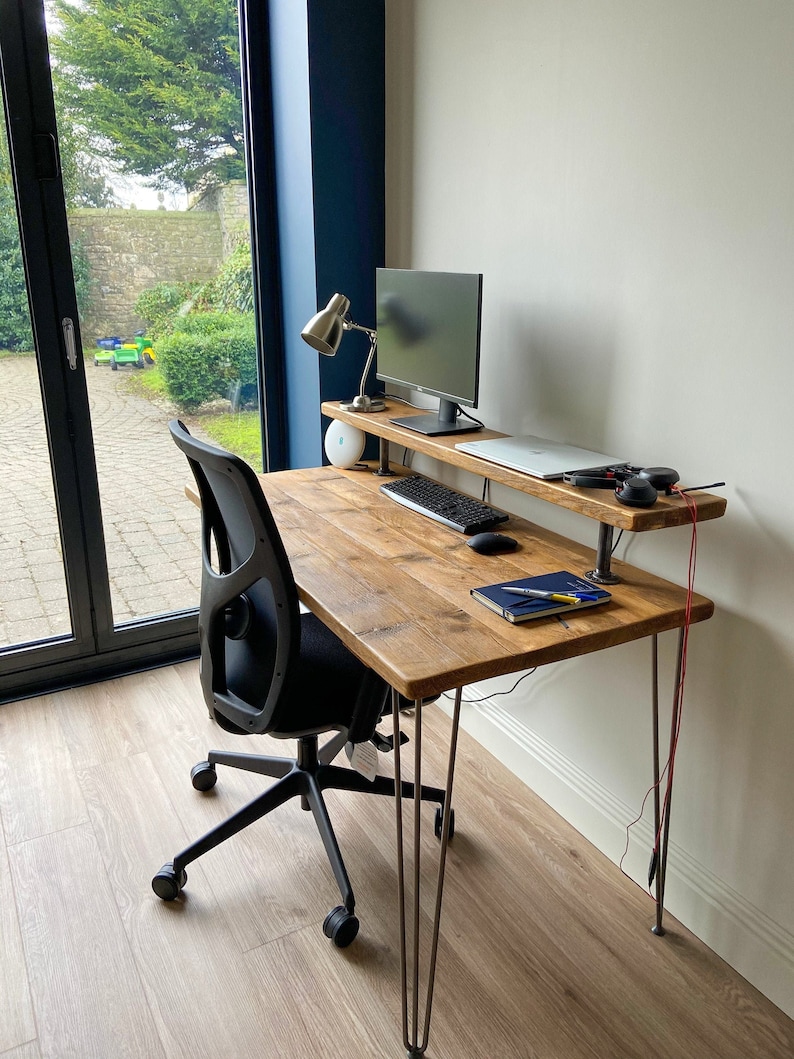 Desk with Monitor Stand. Rustic Design with Sustainably Sourced Wood. Handmade Home or Office. Add-ons - cable management and keyboard tray.