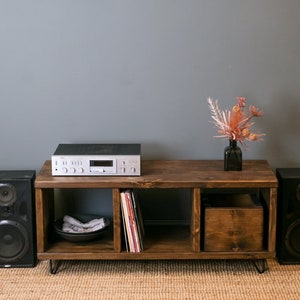 Record Player Stand. Rustic Wooden Vinyl Record Storage Unit. TV Stand with Space for Vinyl Record Display. Reclaimed wood and hairpin legs. image 3