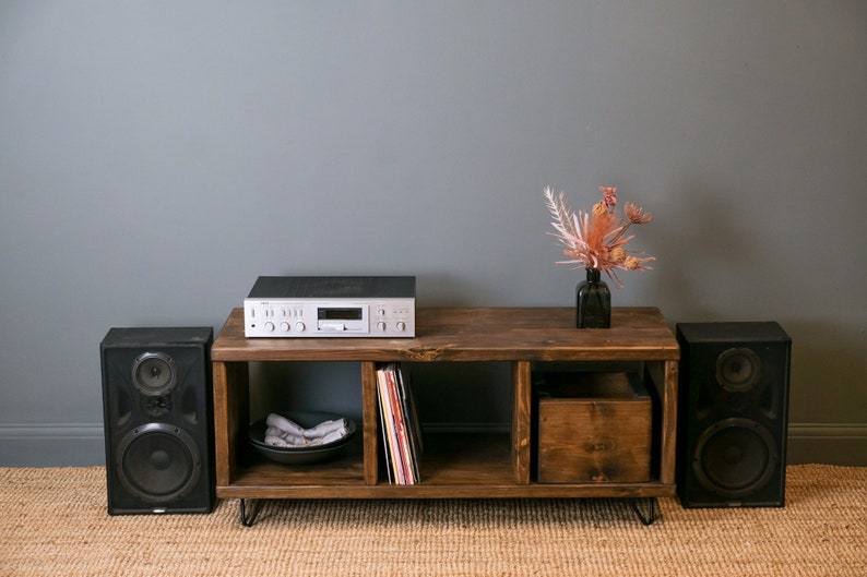 Record Player Stand. Rustic Wooden Vinyl Record Storage Unit. TV Stand with Space for Vinyl Record Display. Reclaimed wood and hairpin legs. image 3