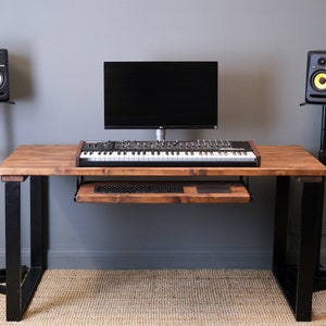 Studio Desk | Modern Rustic Design | Music Production Desk with Retractable Tray for Keyboard | Heavy Duty Industrial Style Square Legs