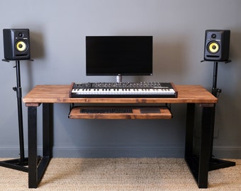 Studio Desk | Modern Rustic Design | Music Production Desk with Retractable Tray for Keyboard | Heavy Duty Industrial Style Square Legs