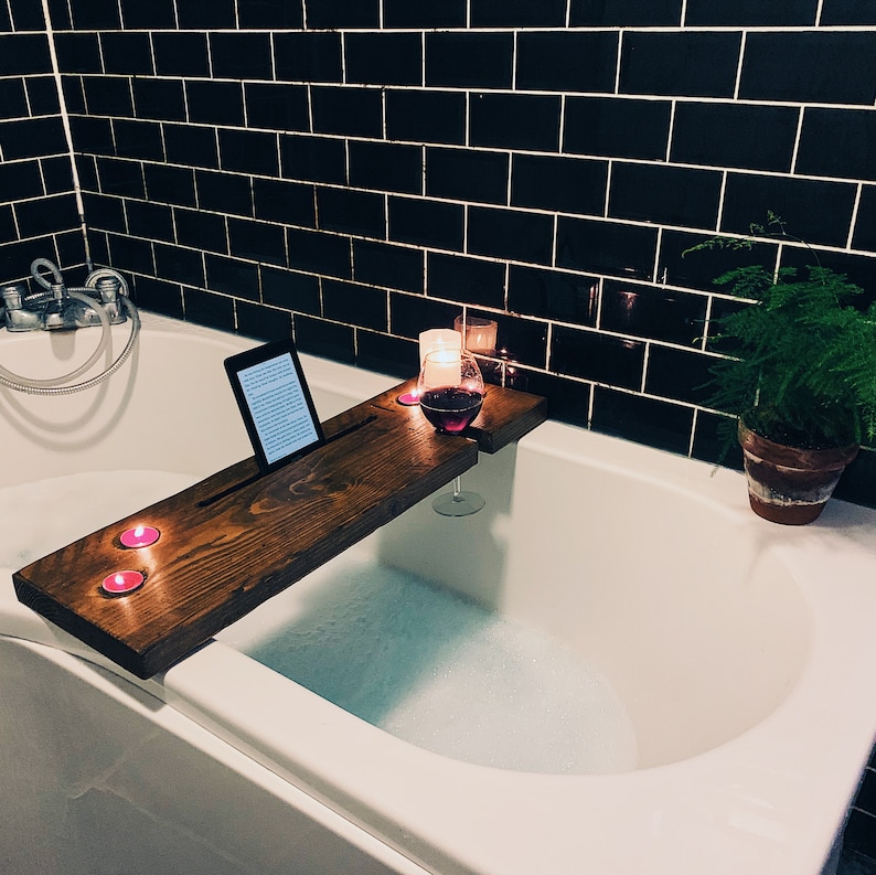 Rustic Wooden Bath Caddy Options for Tablet Slot Wine Glass Etsy