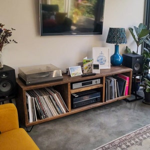 Record Player Stand. Rustic Wooden Vinyl Record Storage Unit. TV Stand with Space for Vinyl Record Display. Reclaimed wood and hairpin legs. image 7