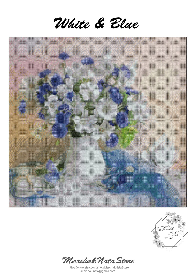 Flowers Embroidery Blue-white bouquet of flowers cross stitch pattern PDF Digital Download.