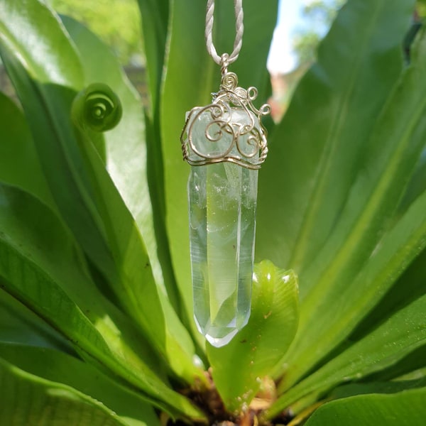 Rare Raw Colombian Blue Mist/Angel Ladder/Crepuscular Rays/Lemurian Mist Phantom Quartz Silver Wire-Wrapped Crystal Point Pendant/Pendulum