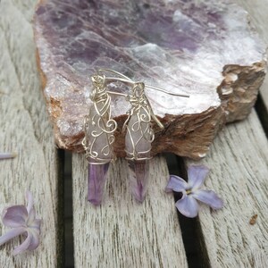 Natural Silver Wire-Wrapped Rosy Vera Cruz Lemurian Phantom Amethyst Point Dangle Earrrings