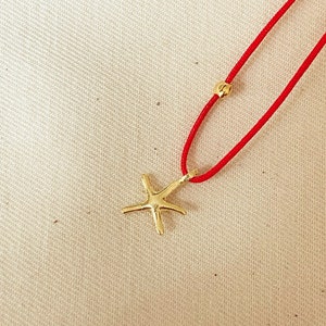 925 Sterling Silver Necklace, Gold Starfish Necklace, Gold Plate Necklace, Red String Necklace, Minimal Red Necklace,