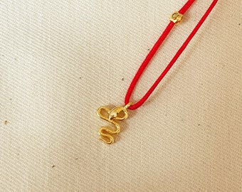925 Sterling Silver Necklace, Gold Snake Necklace, Gold Plate Necklace, Red String Necklace, Minimal Red Necklace,