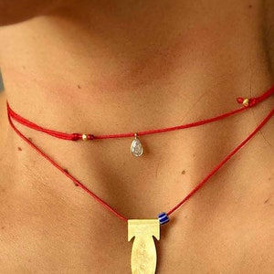 925 Gold Drop Choker, Red String Choker, Protection Jewelry, Kaballah Red Necklace, Red Amulet Jewelry, Red String Necklace
