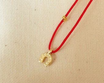 925 Sterling Silver Necklace, Gold Horseshoe Necklace, Gold Plate Necklace, Red String Necklace, Minimal Red Necklace,