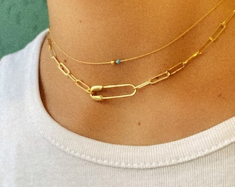 925 Sterling Silver Safety Pin Necklace, Gold Chain Necklace, Gold Chain Choker, Aesthetic Gold Necklace,