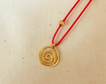 925 Sterling Silver Necklace, Spiral Sun Necklace, Gold Plate Necklace, Red String Necklace, Minimal Red Necklace,