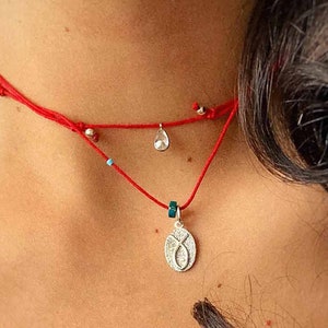 925 Silver Drop Choker, Red String Choker, Protection Jewelry, Kaballah Red Necklace, Red Amulet Jewelry, Red String Necklace