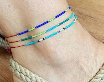 925 Colourful Beaded Anklet, Sterling Silver Summer Beach Jewellery, Blue Minimal Anklet, Handmade Bohemian Anklets