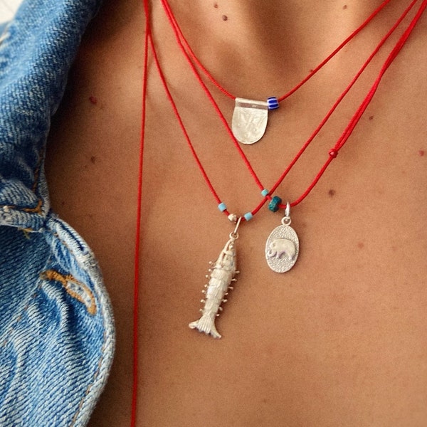 925 Sterling Silver Fish Necklace, Silver Fish Necklace, Red String Necklace, Minimal Red Necklace, Fish Lover Necklace, Fish Lover Gift