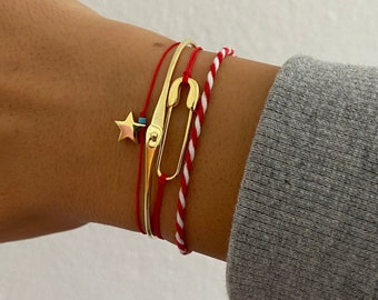 925 Safety Pin, Red String Bracelet, Paper Clip Bracelet, Minimal Gold Safety Pin Bracelet, Protection Jewelry,