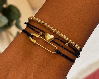 Set of 4 Sterling Silver String Bracelets: Gold Ball, Adjustable