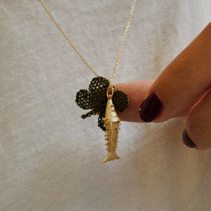 925 Clover Lucky Necklace, Gold Fish Necklace, Movable Fish Necklace, Lucky Charms Necklace, Clover Lover Gift, Fish Lover Gift