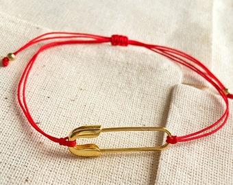 Alfinete de segurança 925, pulseira de cordão vermelho, pulseira de clipe de papel, pulseira de alfinete de segurança de ouro mínimo, joias de proteção,