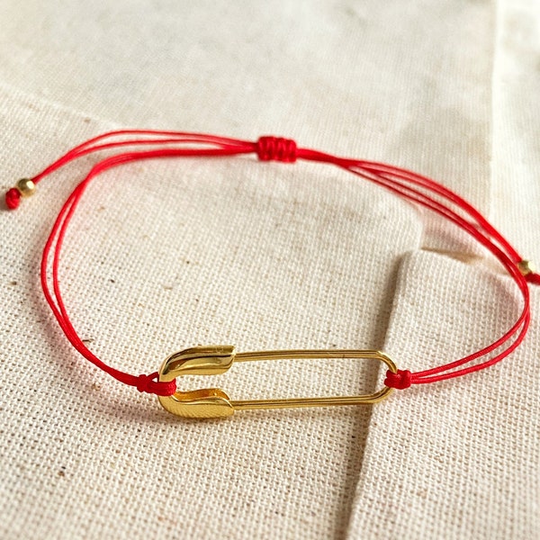 Épingle de sécurité 925, Bracelet à cordes rouges, Bracelet trombone, Bracelet minimal d'épingle de sécurité en or, Bijoux de protection,