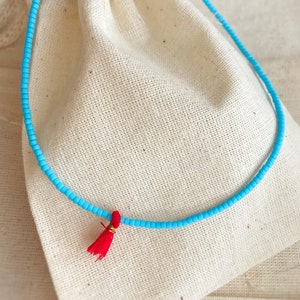 925 Sterling Silver Blue Bead Necklace, Beaded Colourful Necklace, Blue Minimal Necklace, Red Tassel Necklace