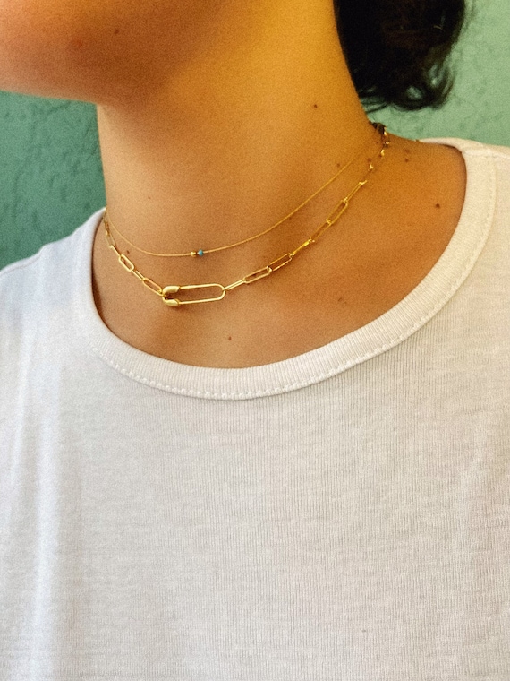Gold Safety Safety Pin Choker Necklace 925 Sterling Silver Safety