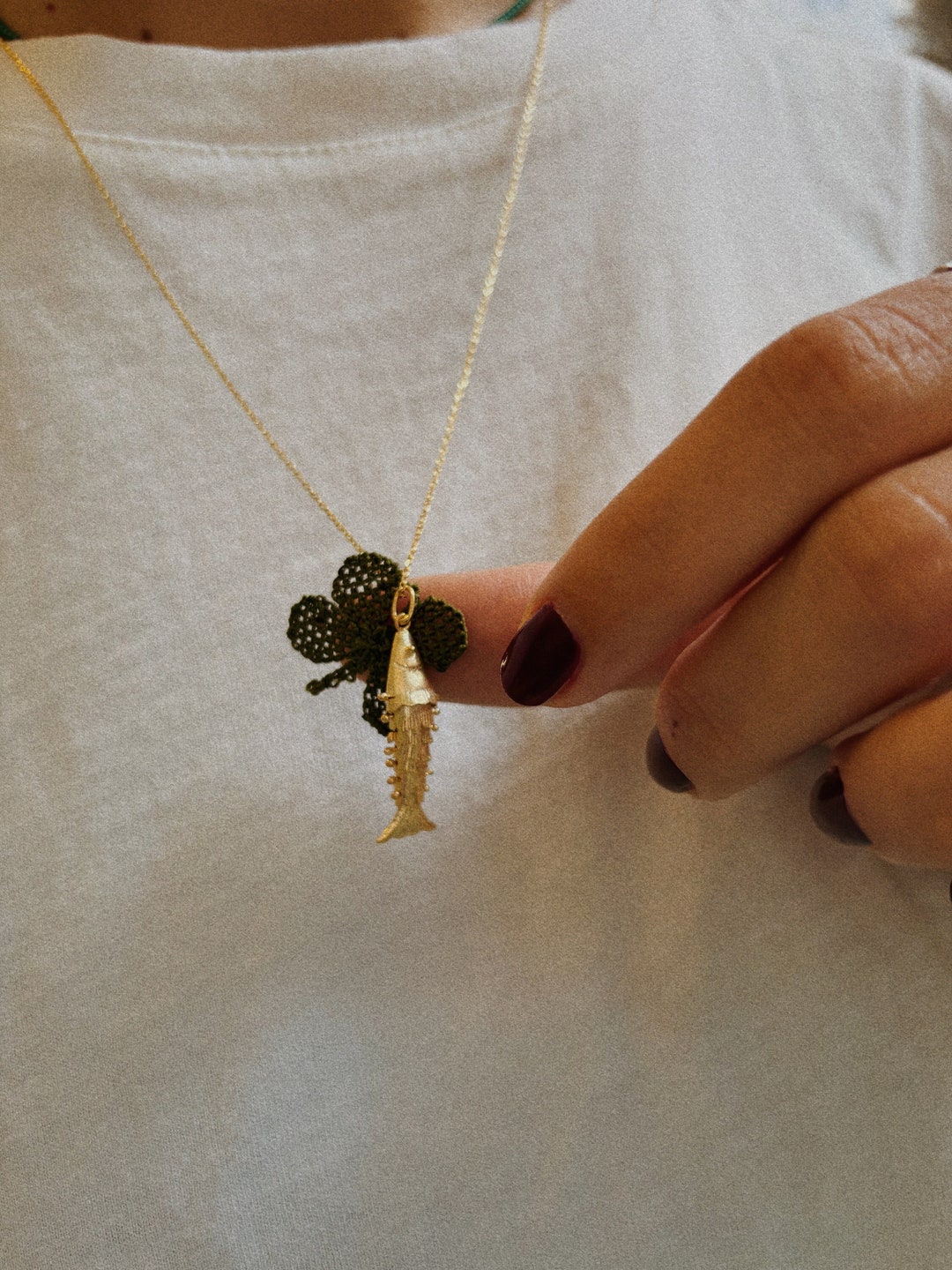 925 Clover Lucky Necklace, Gold Fish Necklace, Movable Fish Necklace ...