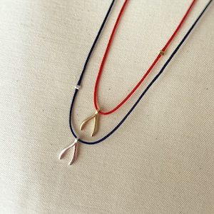 Puede incluir: Dos collares con dijes en forma de hueso de la suerte. Un collar tiene un dije de hueso de la suerte dorado y un cordón rojo. El otro collar tiene un dije de hueso de la suerte plateado y un cordón azul marino.