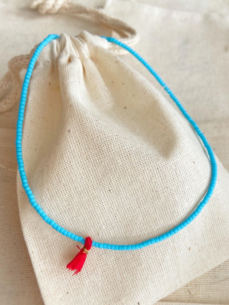 925 Sterling Silver Blue Bead Necklace, Beaded Colourful Necklace, Blue Minimal Necklace, Red Tassel Necklace image 1