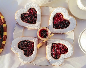 Big Valentines LINZER COOKIES raspberry heart shape, lovely shortbread for romantic gifts to husband, boyfriend and couples