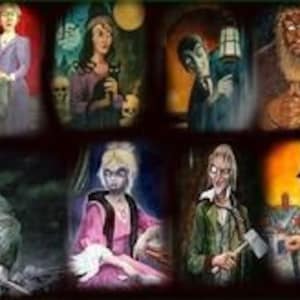 Puede incluir: Un collage de 10 ilustraciones con varios personajes espeluznantes, incluyendo un hombre con un sombrero de copa, una mujer con un vestido largo, una criatura con una guada&ntilde;a y una mujer con el pelo largo y suelto. Las ilustraciones son de estilo vintage y est&aacute;n sobre un fondo oscuro.