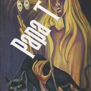 Puede incluir: Una pintura de una mujer con el pelo largo y rubio que sostiene un gato negro. La mujer tiene una expresi&oacute;n de sorpresa en su rostro y lleva un vestido morado. El gato tiene ojos verdes y est&aacute; mirando al espectador. La pintura est&aacute; en un estilo oscuro y melanc&oacute;lico.