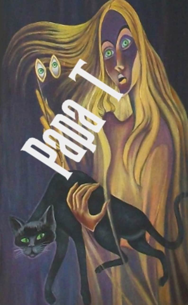 Puede incluir: Una pintura de una mujer con el pelo largo y rubio que sostiene un gato negro. La mujer tiene una expresi&oacute;n de sorpresa en su rostro y lleva un vestido morado. El gato tiene ojos verdes y est&aacute; mirando al espectador. La pintura est&aacute; en un estilo oscuro y melanc&oacute;lico.