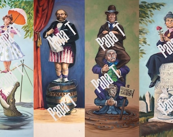 Puede incluir: Un conjunto de cuatro pinturas de estilo vintage que representan una variedad de actos de circo. La primera pintura muestra a una mujer haciendo equilibrio en una cuerda floja sobre un cocodrilo. La segunda pintura muestra a un hombre de pie sobre un barril etiquetado como "Peligro Dinamita". La tercera pintura muestra a un hombre de pie sobre los hombros de otro hombre, que se está hundiendo en arenas movedizas. La cuarta pintura muestra a una mujer sentada en una lápida con la inscripción "Descansa en paz Querido Amado George".