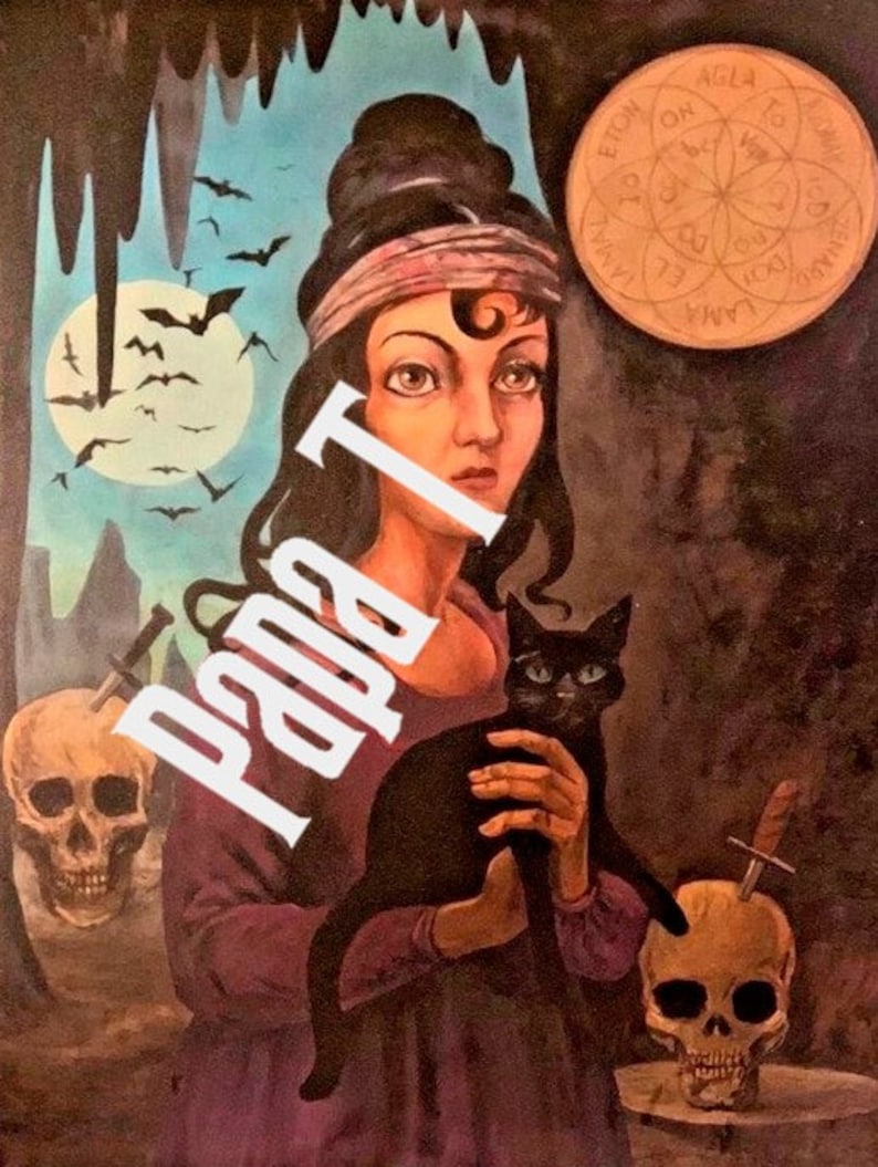 Puede incluir: Una mujer con cabello oscuro y una diadema sostiene un gato negro en sus brazos. Lleva un vestido morado y est&aacute; de pie frente a una cueva con murci&eacute;lagos volando alrededor. Hay dos cr&aacute;neos con dagas en ellos en el suelo.
