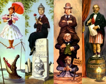 Puede incluir: Una ilustración de estilo vintage que representa cuatro escenas diferentes. La primera escena muestra a una mujer con un vestido blanco haciendo equilibrio sobre una cuerda floja sobre un cocodrilo. La segunda escena muestra a una mujer con un vestido negro sentada en una lápida que dice "Descansa en paz, nuestro amado George". La tercera escena muestra a un hombre con un traje marrón de pie sobre otro hombre que se está hundiendo en arenas movedizas. La cuarta escena muestra a un hombre con un atuendo rojo, blanco y azul de pie sobre un barril etiquetado como "Peligro Dinamita".