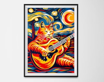 FREE SHIPPING Cat van gogh guitar player starry night cat lover poster A3 sized gift for cat lady