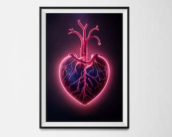 Heart poster neon heart gallery print dark art medical wall print Cardiology Gift, Medical Student Gift, Doctor Office Decor A3