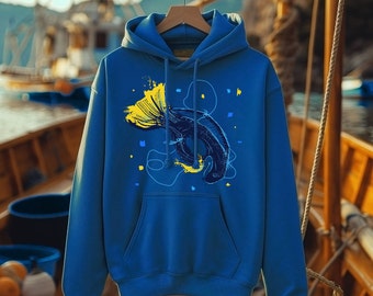 ooodice - Dory Fish Beach hoodie - Aquatic Adventure Seaside summer Apparel - Navy Ocean art print tropical blue tang fish