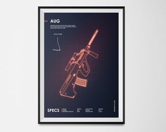 AUG Gun Cs:Go Counter Strike Neon Weapon Blueprint Digital Print Gaming Poster